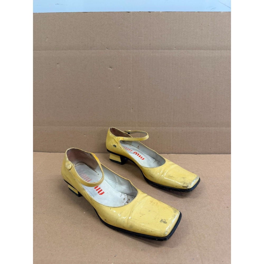 Vintage 90s Miu Miu Patent Leather Square Toe Mary Jane Heels Yellow Size 37.5